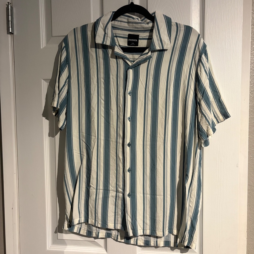 RSQ Mens Large Blue White Vertical Stripe Short Sleeve Camp Collar Button Down